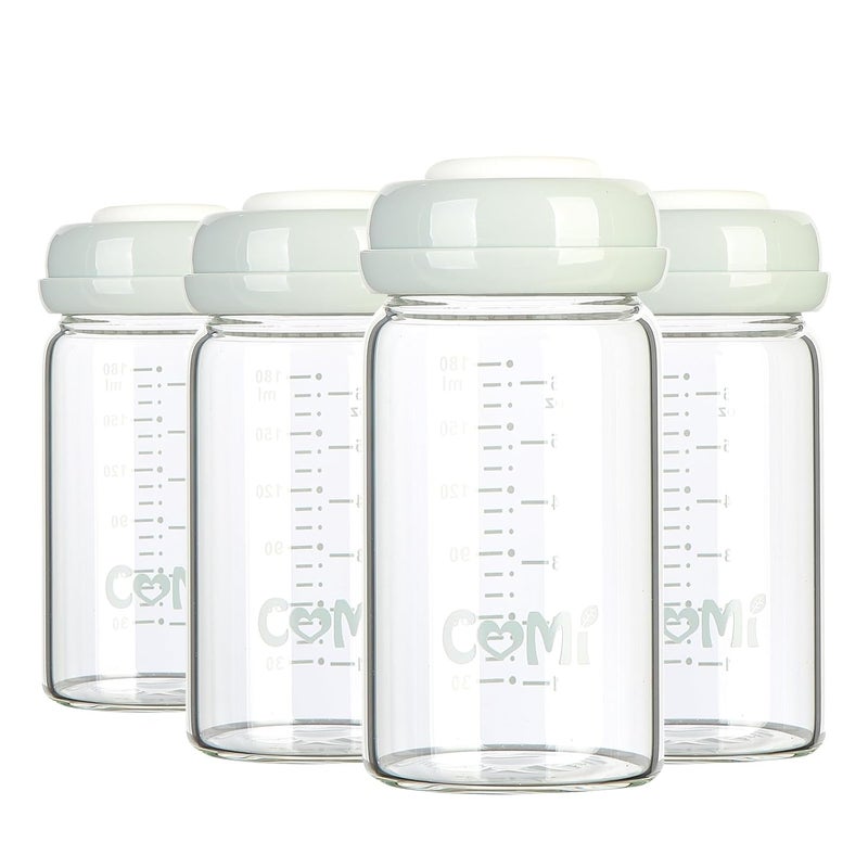 COMI Wide Neck Glass Breastmilk Collection n Storage Bottle, 4 Packs, 6oz with Screw Ring Sealing Disk; Re-markable Sealing Disc. BPA Free, Fits Breast Pumps & Nipples (4 Gray Lids) - Image 1